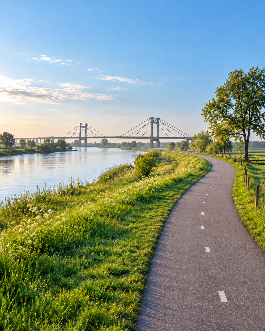 Impressie van een dijkpad langs de rivier met de Prins Willem-Alexanderbrug op de achtergrond