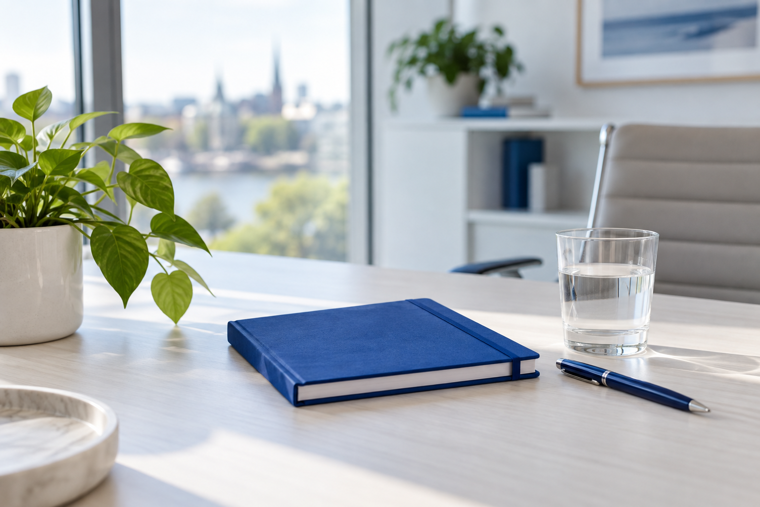 Lichte werkplek met een blauw notitieboek en een glas water